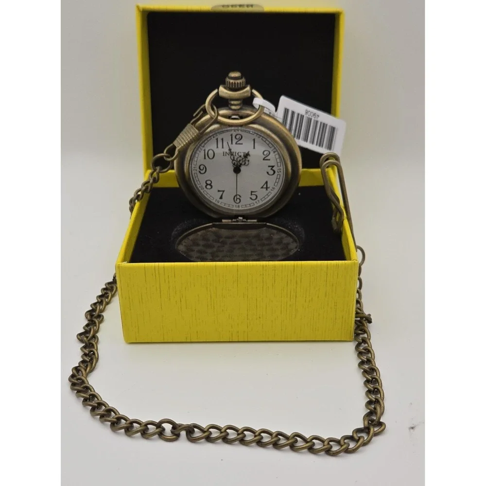 NIB Invicta 49008 Goldtone Pocket Watch  W/ USA, American Eagle,Flag Stars,Chain